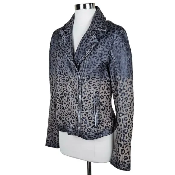 New Mauritius Vicki Leopard Print Leather Moto Jacket $350 Size 10